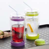 Custom Borosilicate Clear Double Wall Drinking Glass Cup With Straw